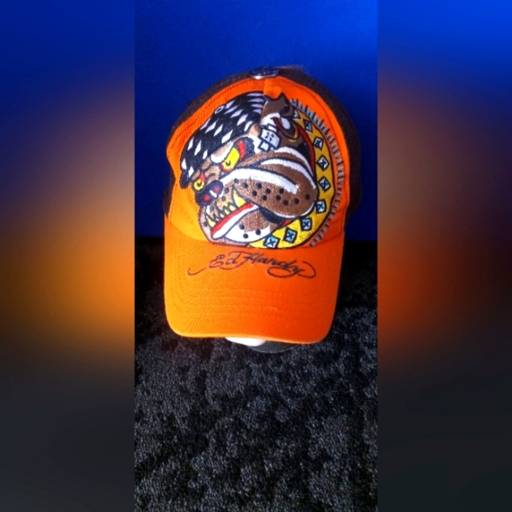 Ed Hardy Orange Bulldog Patch Baseball Cap